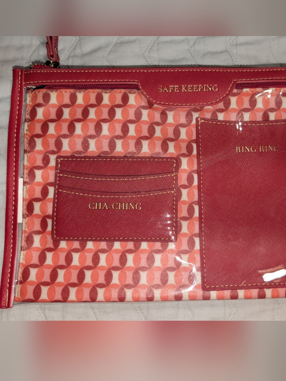 Coral Red Patterned Clear Pouch with Card Slots